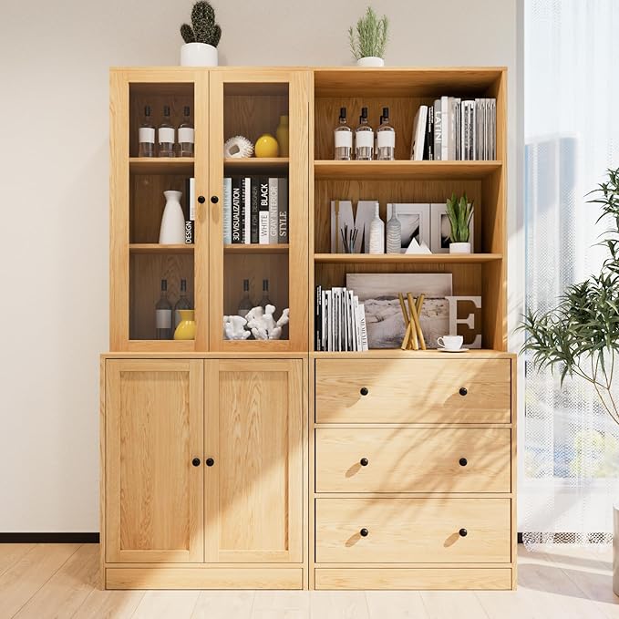 TUSY 71" Bookshelf Bookcase, 3-Tier Modern Bookshelves 3 Large Drawer, Wood Filing Cabinet with Open Storage Shelf, Glass Doors 5-Tier Fixed Storage Shelves for Home Office (Wood)