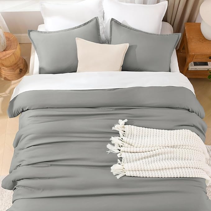 Litanika Comforters Medium Gray Super King Plus Size, 3 Pieces Lightweight Solid Bedding Set & Collections, All Season Fluffy Bed Set (128x120In Comforter & 2 Pillowcases)