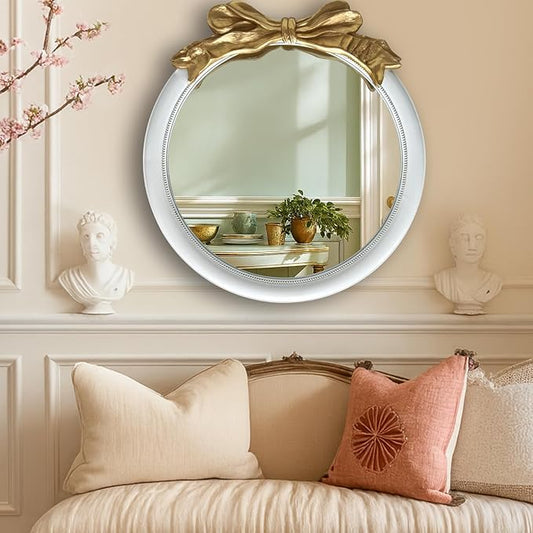 26x26 inch Bow Antique Mirrors for Wall, Round White and Gold Decorative Wall Mounted Mirror, Circle Antique Mirrors Suitable for Bedroom, Hallway, Living Room Decoration, Bathroom Sink