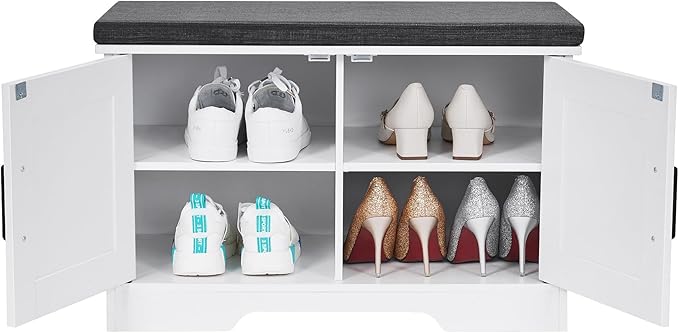 2-Tier Storage Bench, Shoe Bench with Padded Seat Cushion, Entryway Bench with 2 Barn Doors, Adjustable Shelf, 13.8" D x 27.6" W x 17.7" H, for Entryway, Living Room, Bedroom, White