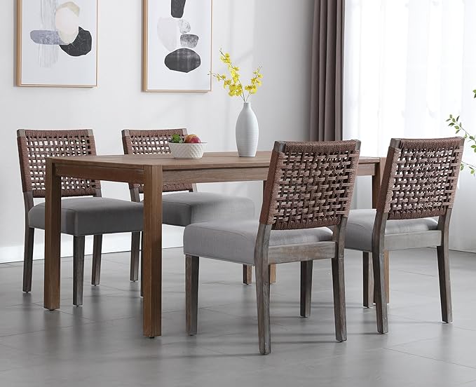 Kmax Farmhouse Dining Chairs Set of 4, Rustic Kitchen Chairs with Linen Fabric Seat and Woven Back, Vintage Accent Chairs for Dining Room, Living Room, Grey