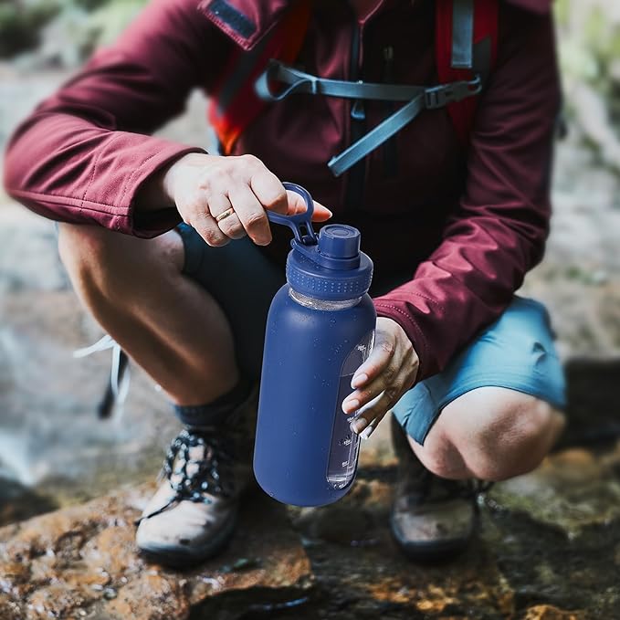 64 oz Glass Water Bottle With Straw and Handle, Half Gallon Sports Motivational Water Jug Flask with Silicone Sleeve, Large Water Cup with Time Marker for Travel, Gym, Navy