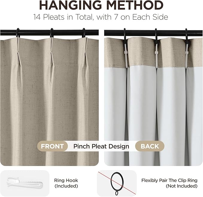 Joydeco Pinch Pleated Linen Curtains Darkening Drapes for Bedroom, 100% Blackout Drapes 96 inches Long 2 Panels Heat Blocking Curtains(Cobblestone,40'' Wx96'' L)
