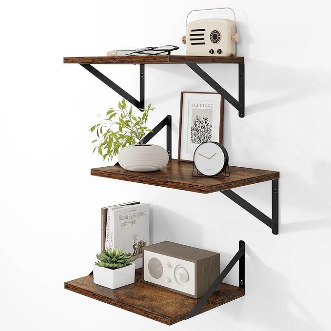 Heimlove Deep Floating Shelves for Wall, 12 Inch Deep Floating Shelves Set of 3, 16W x 12D Wood Wall Shelves, Wide Shelves with Metal Bracket for Living Room, Kitchen, Office, Bedroom - Rustic Brown
