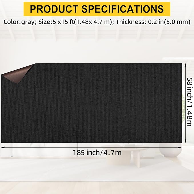 Marine Carpet, 5 FT x 15 FT Black Indoor/Outdoor Rug 0.2" Thick TPE Backed Non-Slip Boat Carpet Roll for Home, Patio, Porch, Deck