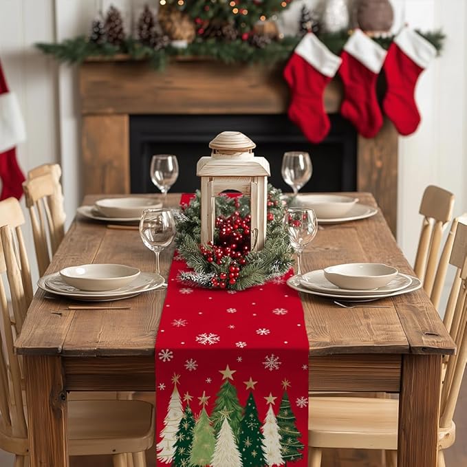 GEEORY Christmas Table Runner 13x72 Inch, Xmas Trees Snowflakes Winter Holiday Decorative Farmhouse Table Decorations for Kitchen Dinning, Indoor Outdoor Dinner Party Decor (Red) GT150-72