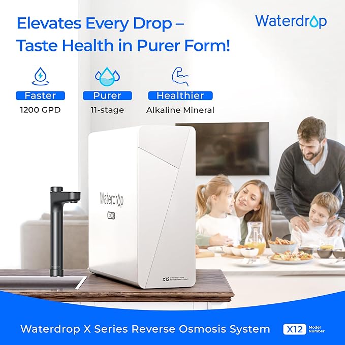 Waterdrop X12-Alkaline Mineral pH+ Tankless Reverse Osmosis System, NSF/ANSI 42&58&372 Certified, 1200 GPD RO Water Filter System, 11-Stage Filtration, 3:1 Pure to Drain, UnderSink, Black Faucet
