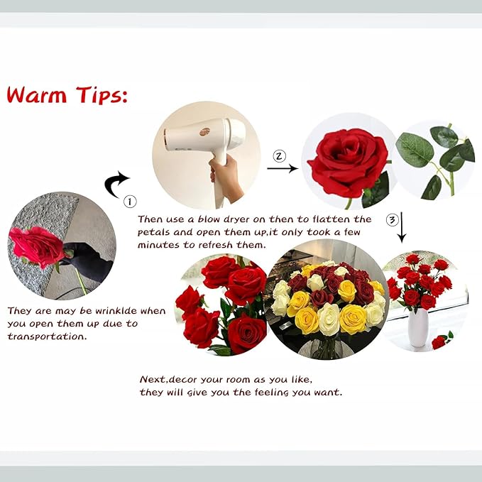 Red Fake Roses Artificial Flowers - 10 Pcs Fake Artificial Roses Silk Flowers with Stems for Home Wedding Hotel Office Centerpiece Decor