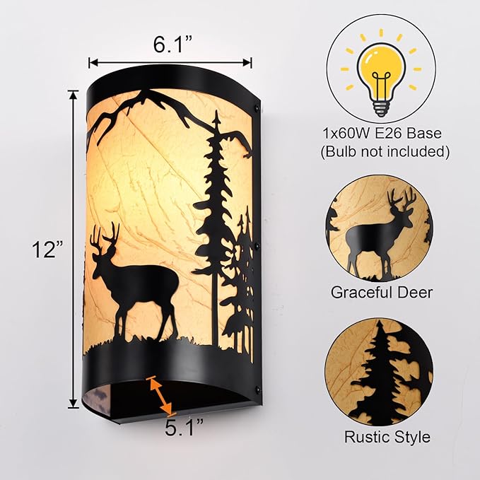 Wall Sconce Light,Deer Metal Yellow Parchment Farmhouse Wall Sconce,Rustic E26 Base Wall Mount Lamp,Vintage Matte Black Bedroom Wall Lights,Indoor Wall Lamps for Living Room,Hallway,Porch
