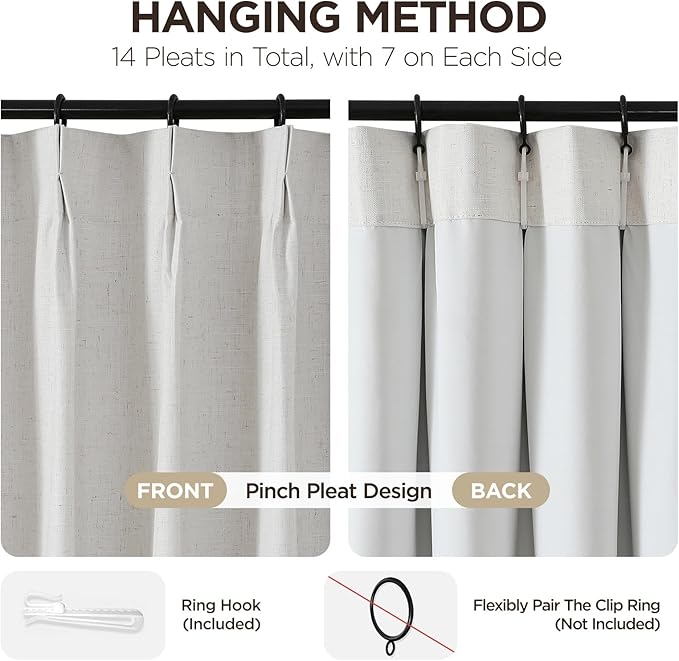 Joydeco Pleated Curtains for Living Room Bedroom, Linen Drapes 90 inch Length 2 Panels Set, Blackout Thermal Insulated Curtain(Ivory,40'' Wx90'' L)
