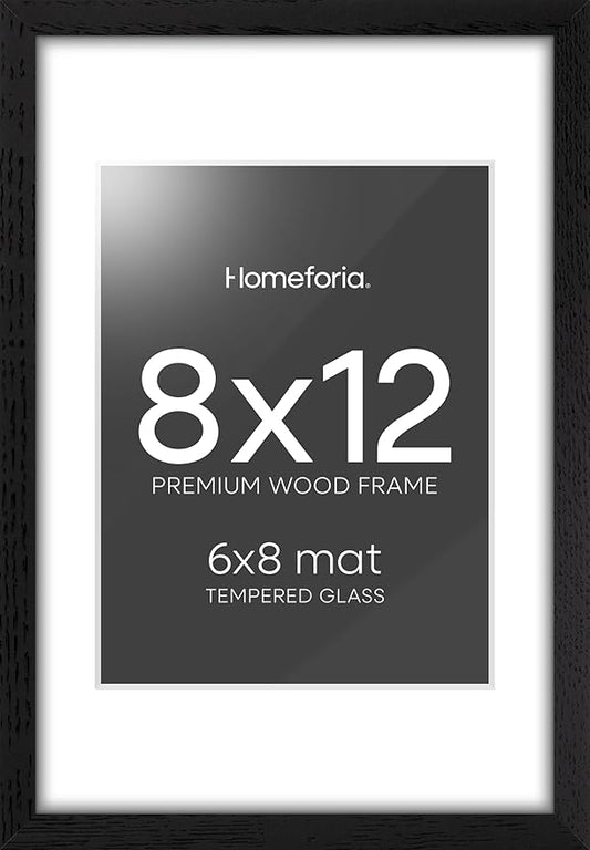 Homeforia 8x12 Black Picture Frame, High End Oak 8 x 12 Wood Frames with Mat 6 by 8 Print, 8by12 Wooden Frame Matted to 6x8 inch Photo, 12x8 Wall or Tabletop Frames, Tempered Glass, Wall Kit, Set of 1