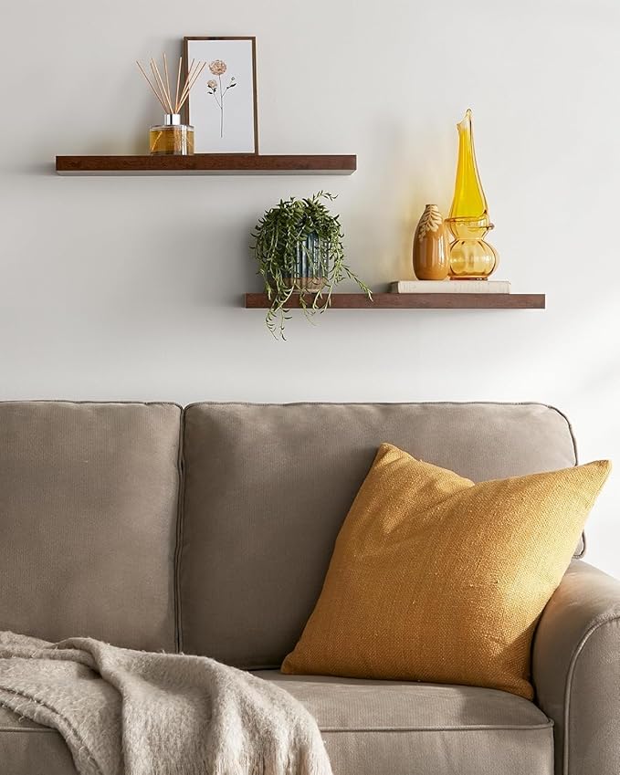 BAYKA Floating Shelves Set of 2, 22.5" Rustic Wood Wall Mounted Shelves for Bedroom, Living Room, Kitchen & Office, Hanging Display Shelf with 22 lbs Capacity (Rustic Brown)