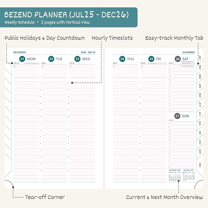 BEZEND Planner 2025-2026 Weekly and Monthly, 8.5" x 11" Academic Calendar (Jul 25-Dec 26) Vertical Daily Appointment with Hourly Timeslot & Monthly Tab, PU Leather Hardcover - Blueberry