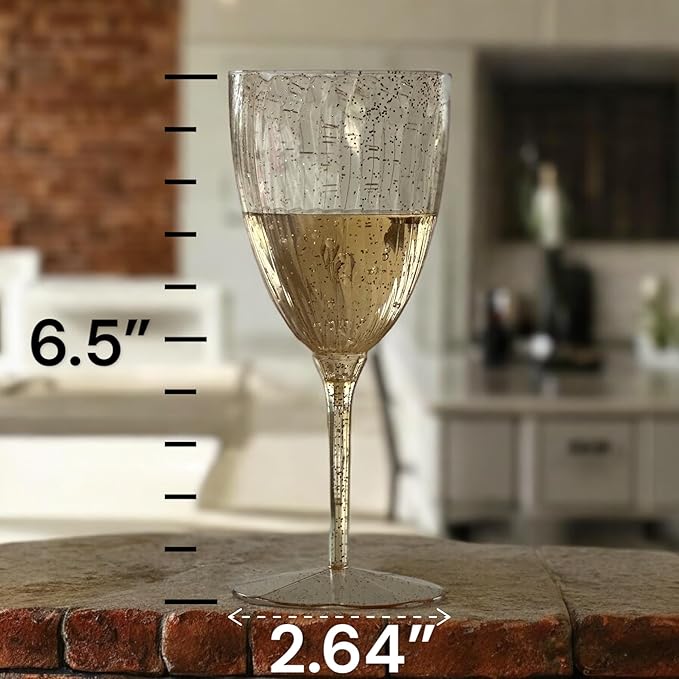 Oojami Elegant Plastic Champagne Flutes - 32 PCS, 7.8oz Disposable & Reusable Wine Glasses - Perfect for Home, Parties, Weddings, Birthdays & Celebrations (32, Gold Glitter)