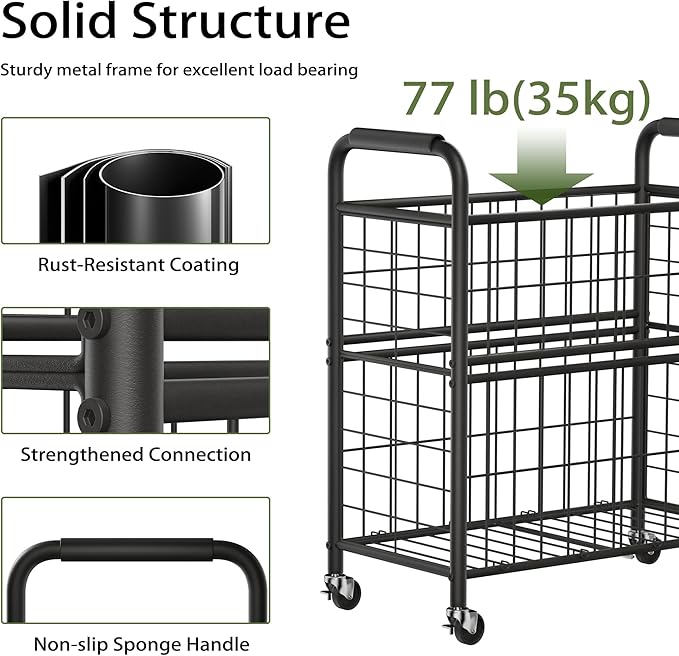 Laundry Hamper 3 Section, 145L Rolling Laundry Sorter Basket with Wheels, 3 Compartment Clothes Organizer Cart, Pull-Out Removable Bags for Laundry Room, Bathroom, Bedroom, Black