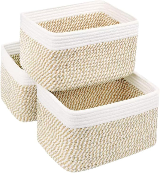 Small Cotton Rope Storage Basket Set of 3-11"x7"x7" Perfect Woven Baskets for Storage, Ideal Storage Baskets for Organizing Toys, Towels, and More - Baskets for Shelves（White & Mixed Camel）