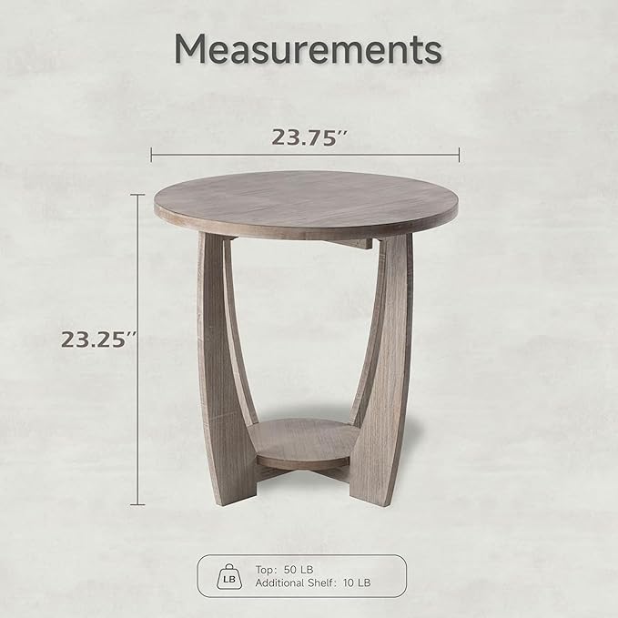 Rustic Farmhouse End Table with Storage Shelf, French Country Accent Side Table for Family, Dinning or Living Room, Small Spaces, Modern, Round, Vintage Grey Finish