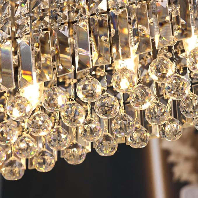 Modern Crystal Chandelier, 6 Lights Luxury Gold Rectangular Flush Mount Ceiling Light, Dining Room Light Fixture, Rectangle K9 Crystal Raindrop Chandelier for Living Room Bedroom L31.5 Inch