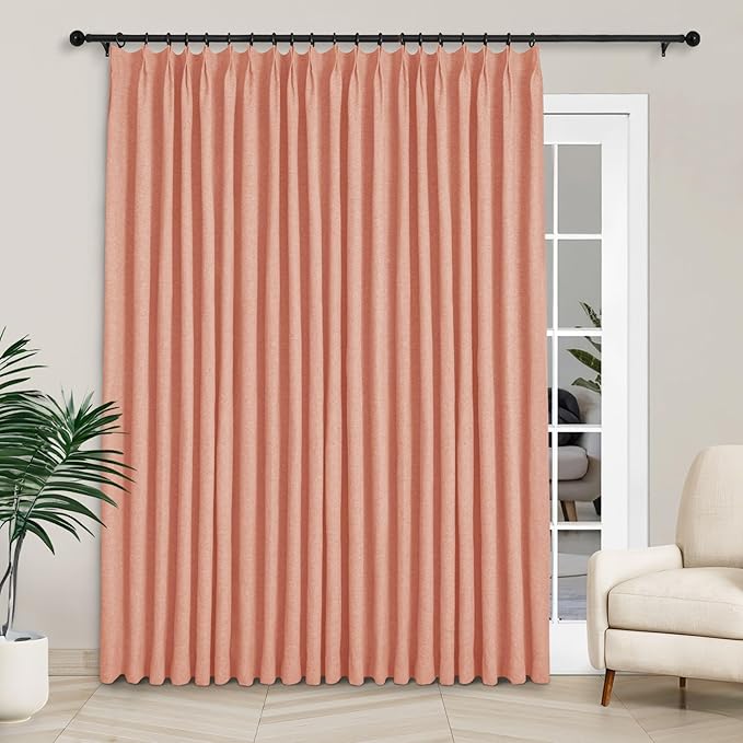 Macochico 120”Wx102”L 100% Blackout Linen Curtains Pinch Pleated Thermal Panels for Sliding Door Bedroom Living Room Farmhouse Shabby Chic Orange Burlap Curtains with Tieback 1 Panel