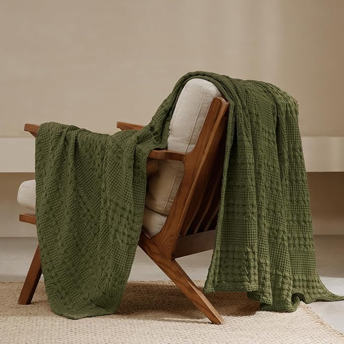 PHF 100% Cotton Waffle Weave Throw Blanket, Soft Lightweight Breathable Cozy Summer Throws for Couch Bed Sofa, Luxury Aesthetic Woven Blanket for Home Decor & Office, 50"x60", Capulet Olive