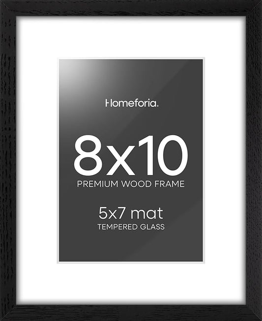 Homeforia 8x10 Picture Frame Black Wood, High End Oak 8 x 10 Wooden Frames with Mat 5 by 7 Print, 8x10 Frame Matted to 5x7 inch Photo, 8by10 Wall or Tabletop Frames, Tempered Glass, Wall Kit, Set of 1