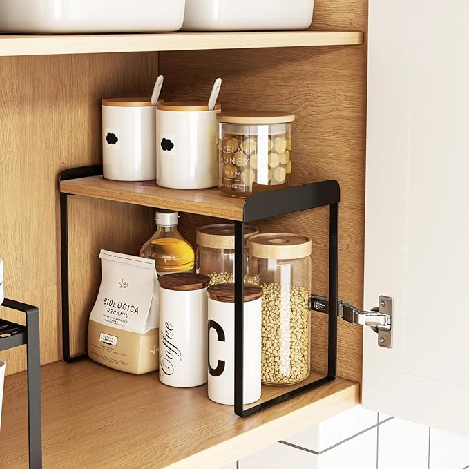 Mitus Shelf Organizer and Storage, Tiered Wood Cabinet Rack for The Kitchen Counter, Bathroom Counter, Pantry Cupboard, Office Desk Bookshelf, 12" Wide Natural and Black (Large)