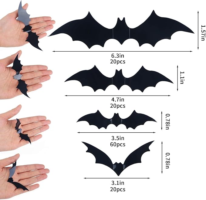 DIYASY Bats Wall Decor, 120 Pcs 3D Bat Halloween Decoration Stickers for Home Decor 4 Size Waterproof Black Spooky Bats for Room Decals