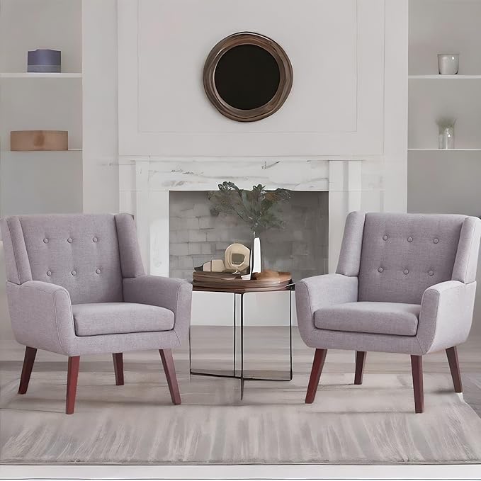 HUIMO Button-Tufted Accent Chairs Set of 2,Upholstered Reading Living Room Chair,Mid Century Modern Chair with Linen Fabric, Club Chair,Comfy Arm Chairs for Living Room,Bedroom,Light Grey