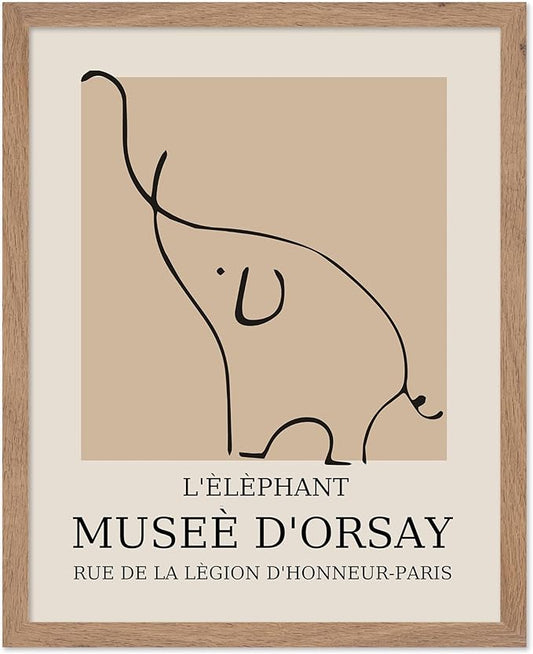 Poster Master Vintage Poster - Retro Minimalist Print - Gift for Artist, Housewarming - Elephant, Line Drawing, Sketch, Abstract - Wall Decor for Living Room, Bedroom, 11x14 Beige Framed