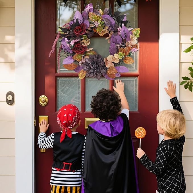 GarveeHome 18 Inch Halloween Wreath, Halloween Garland with Artificial Roses & Spiders, Indoor Outdoor Holiday Accent Decoration for Front Door Porch Wall Home Party Window, Red & Purple
