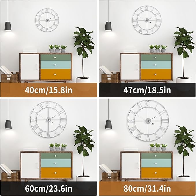 Large Wall Clock - 40cm/ 16 Inches Silent Non-Ticking Metal Wall Clock, Vintage Modern Silver, Battery Operated, Ideal for Living Room, Bedroom, Office, Farmhouse Decor
