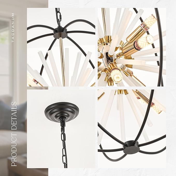 23.6" Black Gold 12-Light Globe Sputnik Chandelier Modern Adjustable Hanging Ceiling Glass Tube Pendant Light Fixture for Entryway Foyer Staircase Dining Living Room Hallway