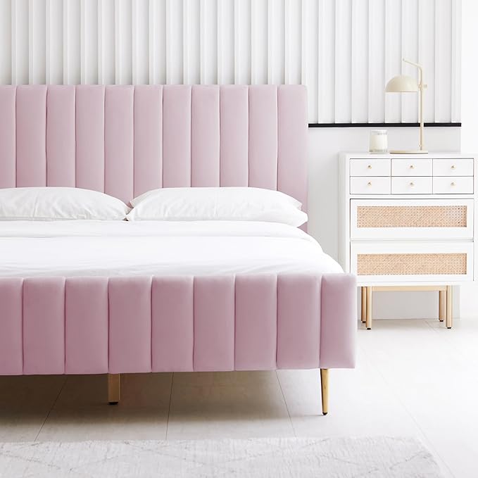 Livinia Twin Size Elton Velvet Platform Bed, Upholstered Bed Frame with Vertical Channel Tufted Headboard Footboard, Strong Wood Slats, No Box Spring Needed, Pink (Twin)
