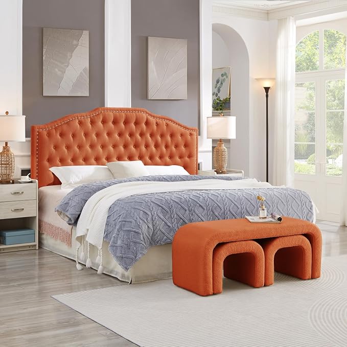 24KF Upholstered Button Tufted King Size Headboard with Nailhead Trim, Elegant Boucle Fabric California King headboard, 6031-K-Boucle-Orange