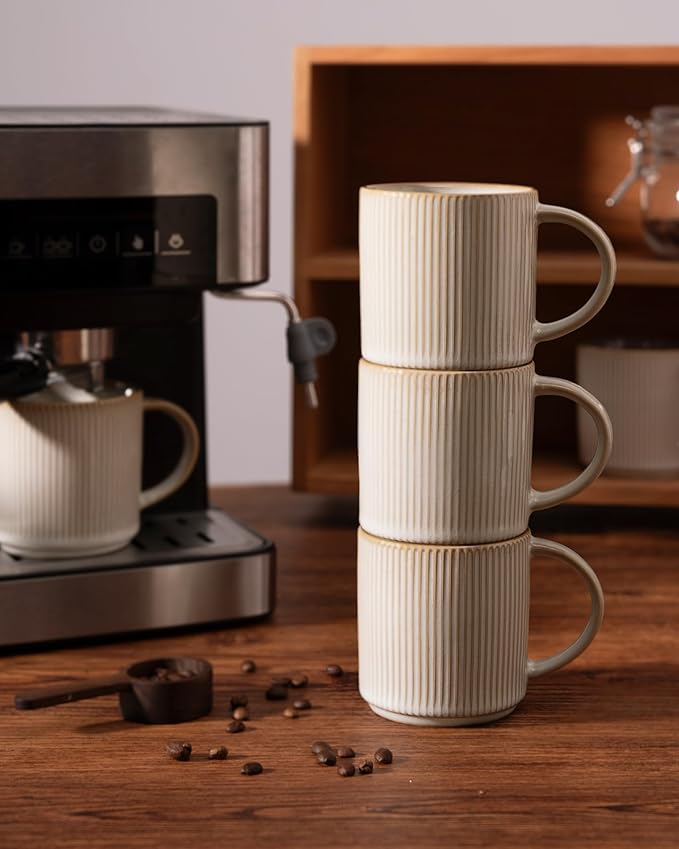 famiware Coffee Mug Set for 6, Star 12 oz Catering Mugs Cup Set with Handle for Coffee, Tea, Cocoa, Milk - Ceramic Stoneware Drinkware Set, Cappuccino White