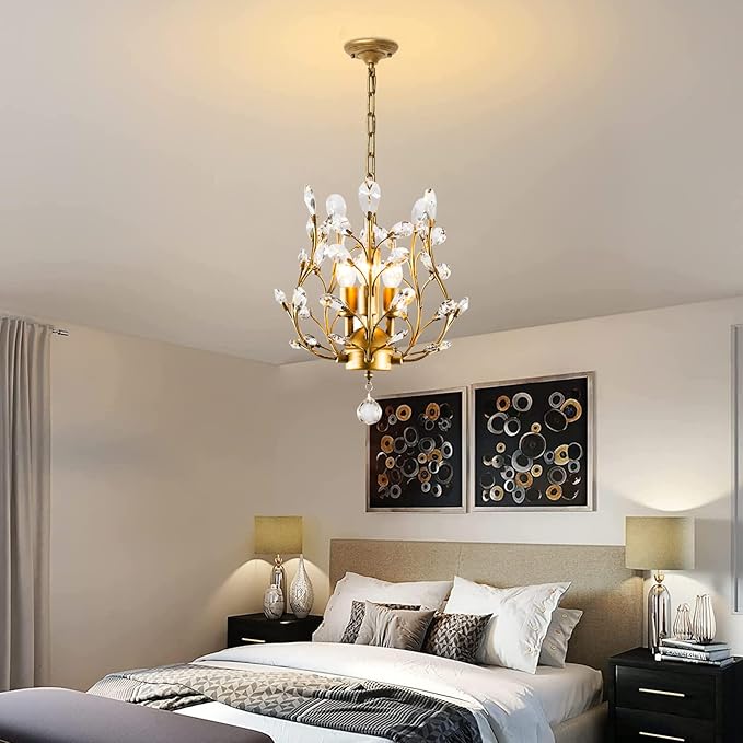 Ganeed Crystal Chandeliers,K9 Crystal Pendant Light with 3-Light Chandelier Lighting Fixtures,Ceiling Light for Living Room Bedroom Restaurant Hallway (Gold)