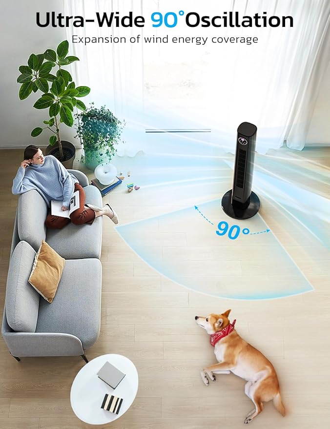 ZAFRO Tower Fan for Bedroom, 90° Oscillating Fan with 12H Timer, 37”Standing Fans with Remote, Bladeless Fan with 4 Modes & 3 Speeds, Black