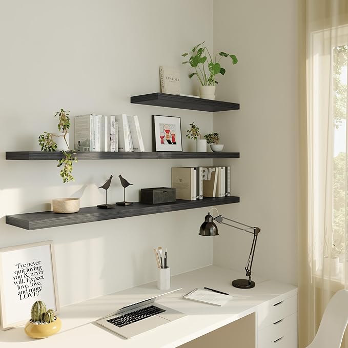 Large Floating Shelves for Wall Set of 3 Wooden Wall Shelves 36 in x 12.75 in x 2 in Room Decor Long Shelf with Invisible Wall Mount Bracket for Bedroom Kitchen Living Room Black Wood