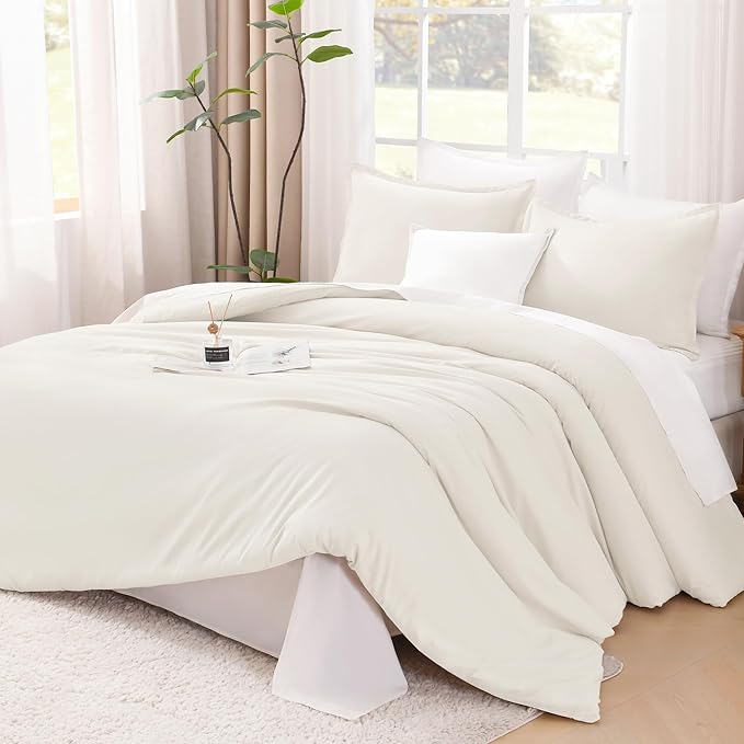 Litanika Ivory Comforter Set King Size, 3 Pieces Lightweight Solid Bedding Comforter Set, All Season Fluffy Bed Set (104x90In Comforter & 2 Pillowcases)
