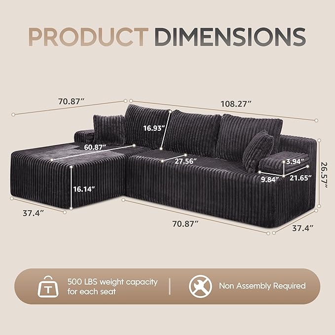 Hobestluk Modular Sectional Sofa Couches 108" L-Shape Couch 3 Seat Modular Sofa Memory Foam Sectional Couches for Living Room, Boneless Couch with Oversized Chaise (Grey, Left Facing)