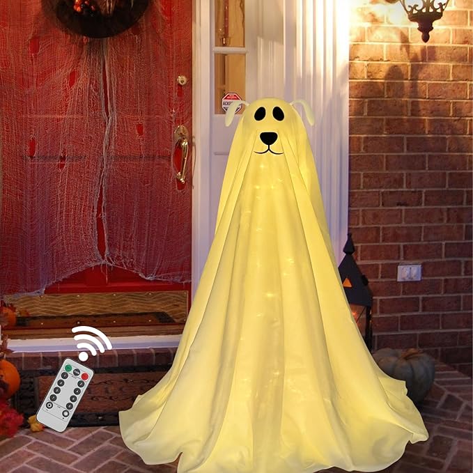 DAZONGE Halloween Decorations, Light-Up Freestanding Spooky Ghost Dog with Remote String Lights Battery Operated, Halloween Ghost Dog for Front Door Porch Yard Lawn Home Party