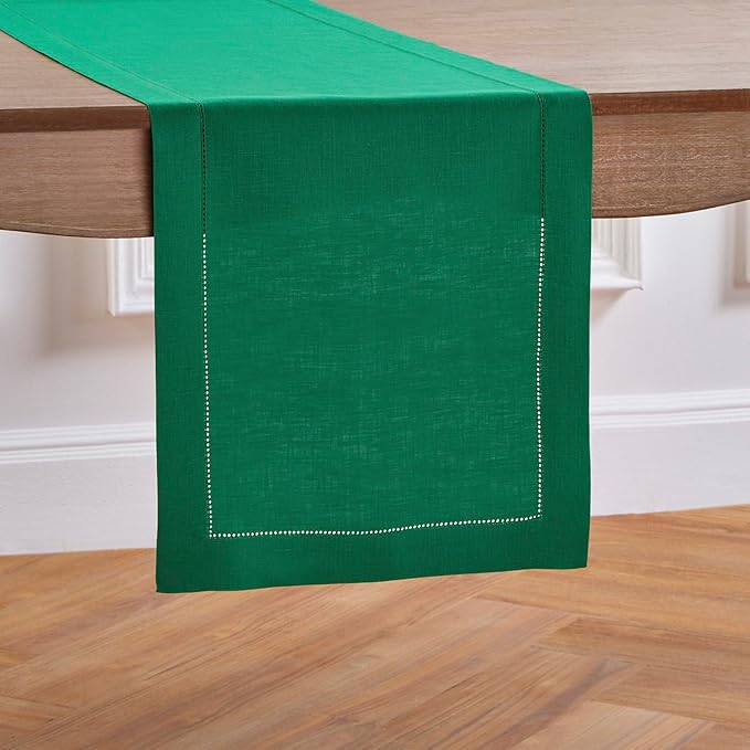 Solino Home Linen Emerald Green Hemstitch Table Runner 60 Inches - 100% Pure Linen Small Table Runner 14 x 60 Inch Ideal for Dresser and Coffee Tables - Classic Hemstitch