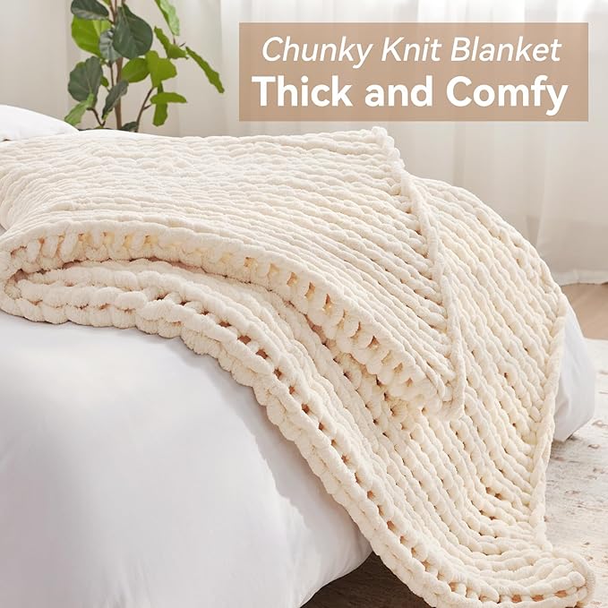 Chunky Knit Throw Blanket, 80''*90'' Knitted Throw Chenille Yarn for Bed Couch, Handmade Cream Crochet Big Thick Blanket, Machine Washable Cute Comfy Blanket for Home Decor