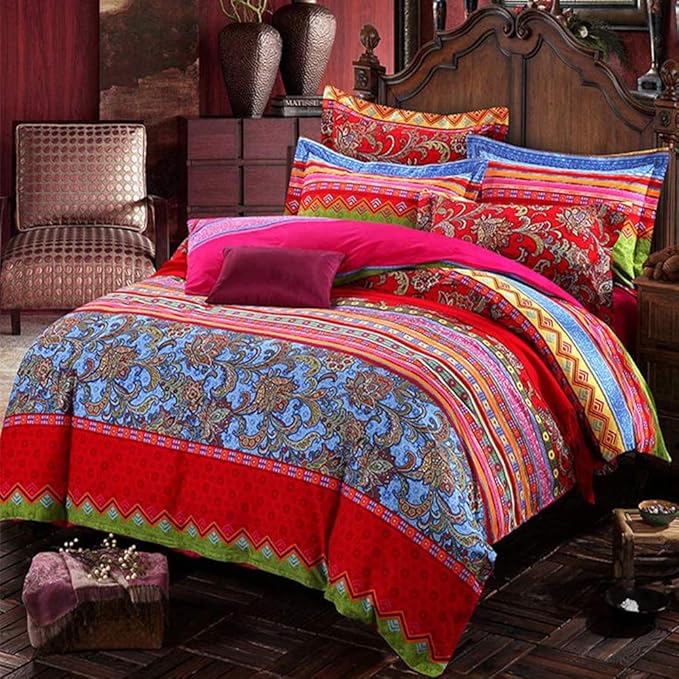 ABREEZE Bohemian Duvet Cover Set Boho Bedding Colorful Red Boho Retro Bedding Set Damask Paisley Cotton Duvet Cover Tribal Reversible Bedding Exotic Style Comforter Cover 3-Piece Cal.King