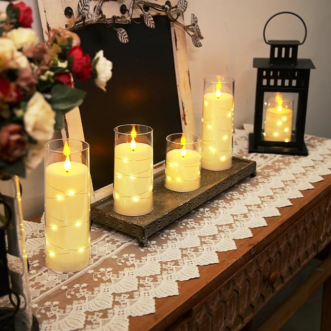 Homemory Pure White Flameless Candles with Embedded Star String Fairy Lights, Battery Operated Candle, LED Candles, Fake Candles with Remote Control and Timer, Set of 5(H4 5" 6" 8" 8")