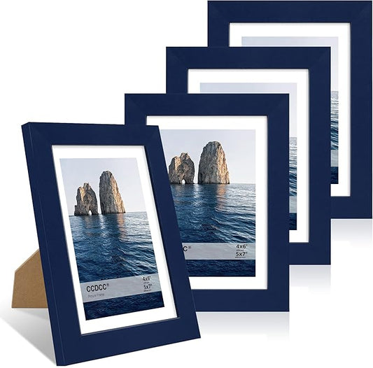 5x7 Picture Frame Set of 4, 5 x 7 Wood Photo Frames with Mat for 4x6, Natural Wooden Frame with Real Glass Cover for Wall and Tabletop Display,Blue