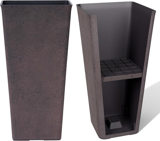 LA JOLIE MUSE 26 inch Tall Planters for Outdoor Plants,Set of 2 Tapered Planters with Trays,Iron Plastic Rectangular Tall Planters for Front Door, Patio and Deck, 26'' Iron With Tray