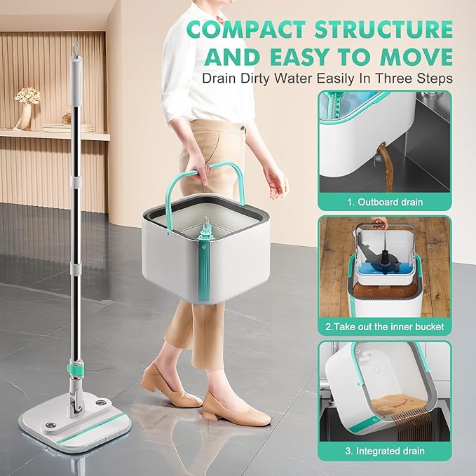 Upgraded Spin Mop and Bucket Self-Standing Mop Bucket Separate Dirty and Clean Water System Self Wringing 360° Rotating & 90° Foldabl Mops and Buckets for Floor Cleaning (Blue, 10Pads)