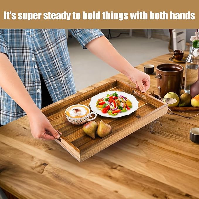 Acacia Wood Serving Tray with Handles - 17-Inch Large Wooden Tray for Ottoman - Perfect for Breakfast, Lunch, Dinner, Appetizers, Patio, Ottoman, Coffee Table,BBQ, Party – Great for Lap &Couch ﻿