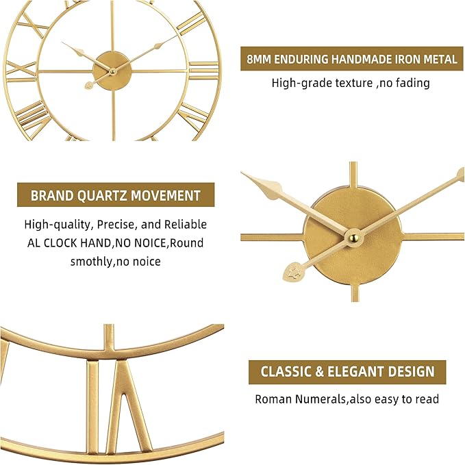 Large Wall Clock For Living Room Decor - 80cm/ 32 Inches Nearly Silent Non-Ticking Metal Wall Clocks Battery Operated, Vintage Decorative Modern Wall Clock For Bedroom, Office, Farmhouse Decor